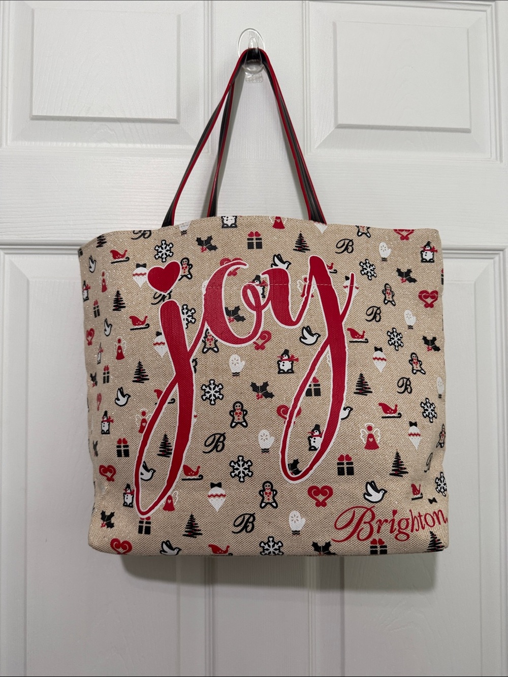 Brighton Beige Canvas Tote with Red Christmas Holiday 'Joy' Script